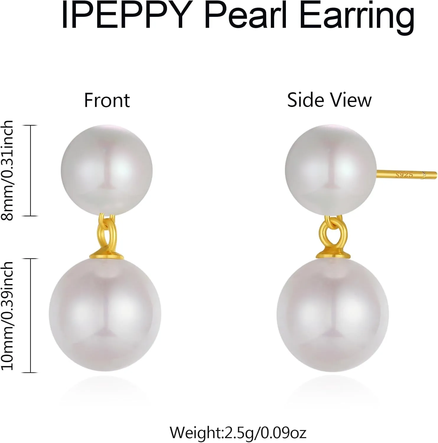 Double Bead Pearl Earrings for Women 925 Sterling Silver Gold Big Pearl Lightweight Ball Stud Earrings Trendy Dangle Drop Earring Bridal Wedding Jewelry Birthday Christmas Gift for Her