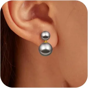 Double Bead Pearl Earrings for Women 925 Sterling Silver Gold Big Pearl Lightweight Ball Stud Earrings Trendy Dangle Drop Earring Bridal Wedding Jewelry Birthday Christmas Gift for Her