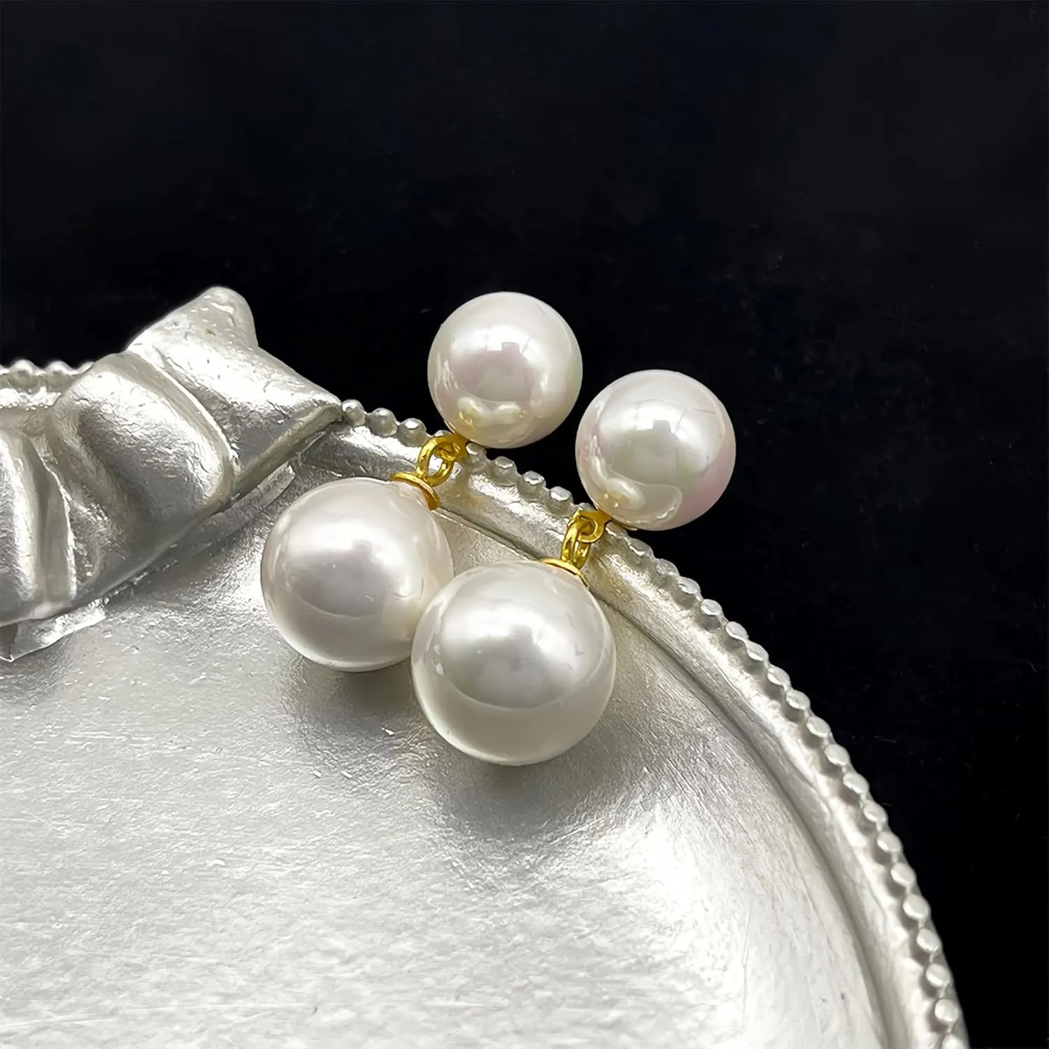 Double Bead Pearl Earrings for Women 925 Sterling Silver Gold Big Pearl Lightweight Ball Stud Earrings Trendy Dangle Drop Earring Bridal Wedding Jewelry Birthday Christmas Gift for Her