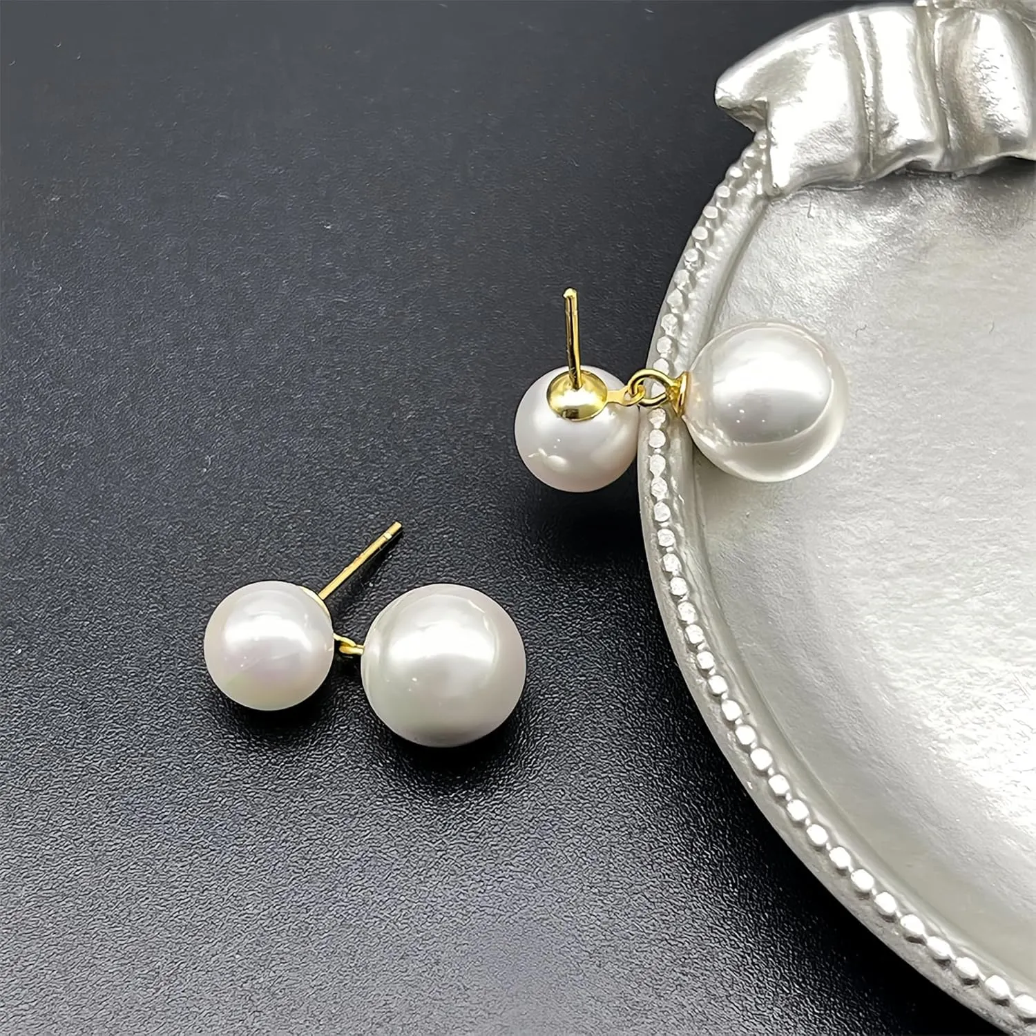 Double Bead Pearl Earrings for Women 925 Sterling Silver Gold Big Pearl Lightweight Ball Stud Earrings Trendy Dangle Drop Earring Bridal Wedding Jewelry Birthday Christmas Gift for Her