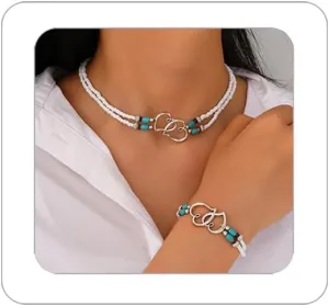 Double Layered Beaded Bracelet Necklaces Set for Women Double Hollow Hearts Stretch Waterproof Bracelets Necklace