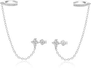 Double Piercing Earrings Silver Gold Cz Cubic Zirconia Stone Chain Link Dangle Stud Earrings