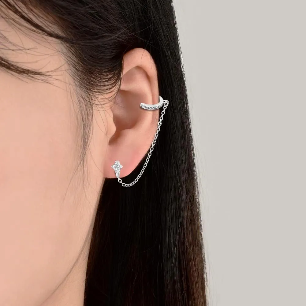 Double Piercing Earrings Silver Gold Cz Cubic Zirconia Stone Chain Link Dangle Stud Earrings