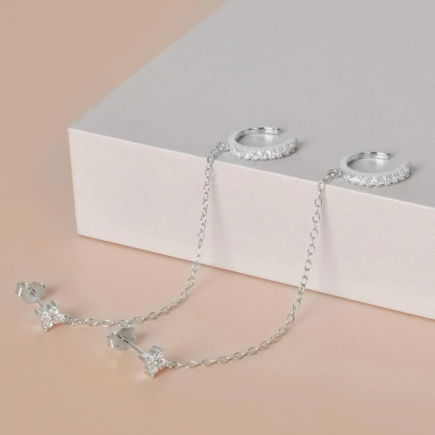 Double Piercing Earrings Silver Gold Cz Cubic Zirconia Stone Chain Link Dangle Stud Earrings