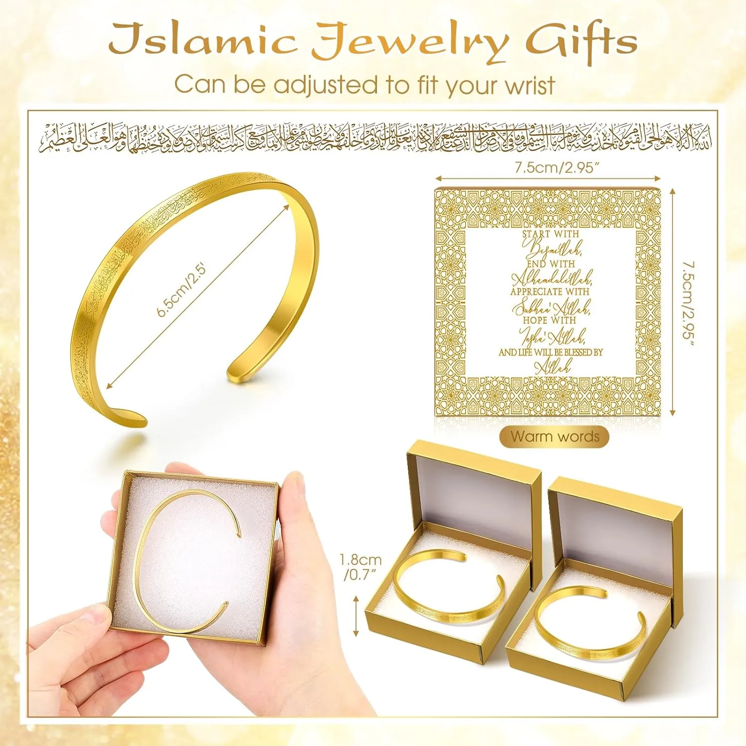 Eid Al Adha Ayatul Kursi Bracelets Bulk for Women Men Eid Mubarak Bracelets Gift Islamic Muslim Jewelry Allah Open Bangle Arabic Calligraphy Cuff Bangle with Box for Islam Party Favor