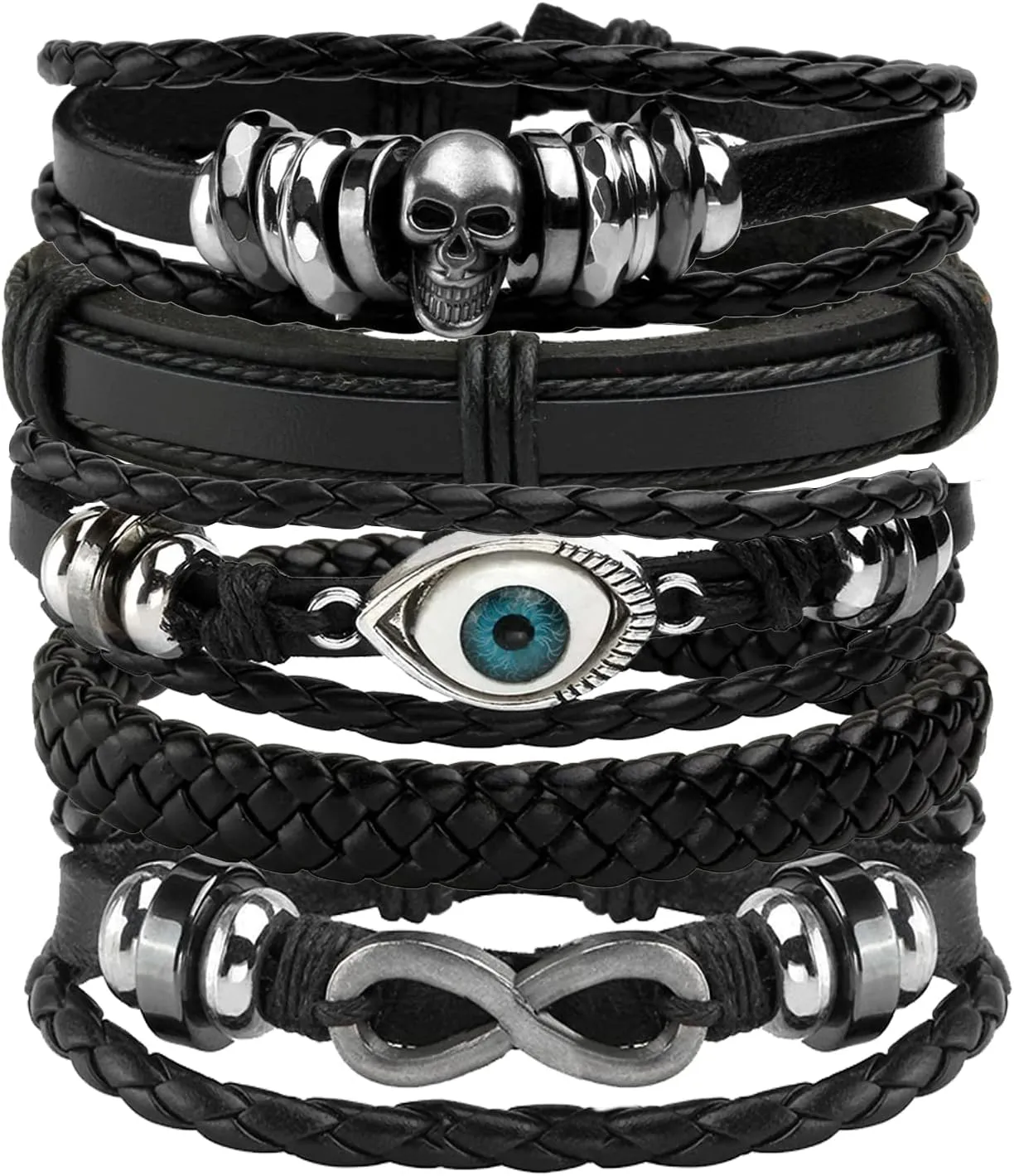 Eigso 6 Pcs Leather Bracelet Braided Wide Wristband Women Men Punk Rock Jewelry Skull