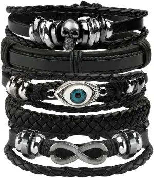 Eigso 6 Pcs Leather Bracelet Braided Wide Wristband Women Men Punk Rock Jewelry Skull