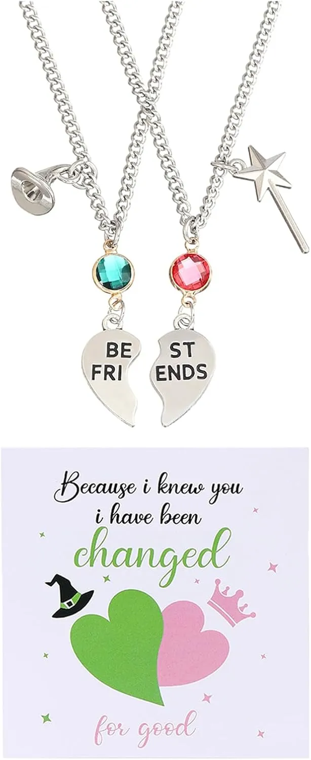 Elphaba Glinda Friendship Matching Bracelets - Wicked Musical Merch Witch Hat Crown Wand Heart Charm Necklaces - BFF Couple Accessories Christmas Valentine's Day Gift Set of 2