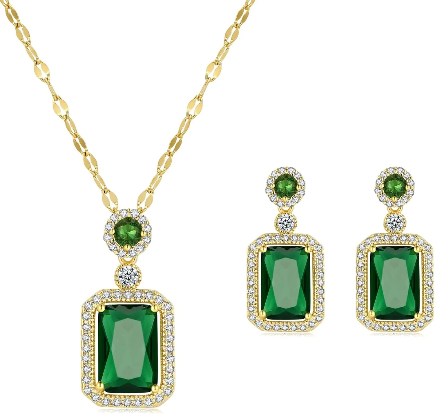 Emerald Jewelry for Women Green Stone Necklace Earrings Set Cute Necklaces with Crystal Dangle Earrings