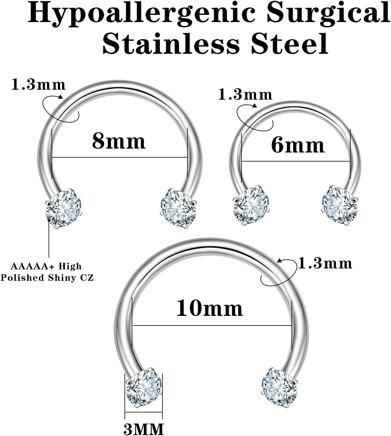 ENVYOU Silver Septum Rings Surgical Steel Cubic Zirconia Small Horseshoe Ring Helix Daith Cartilage Lip Piercing Jewelry for Women