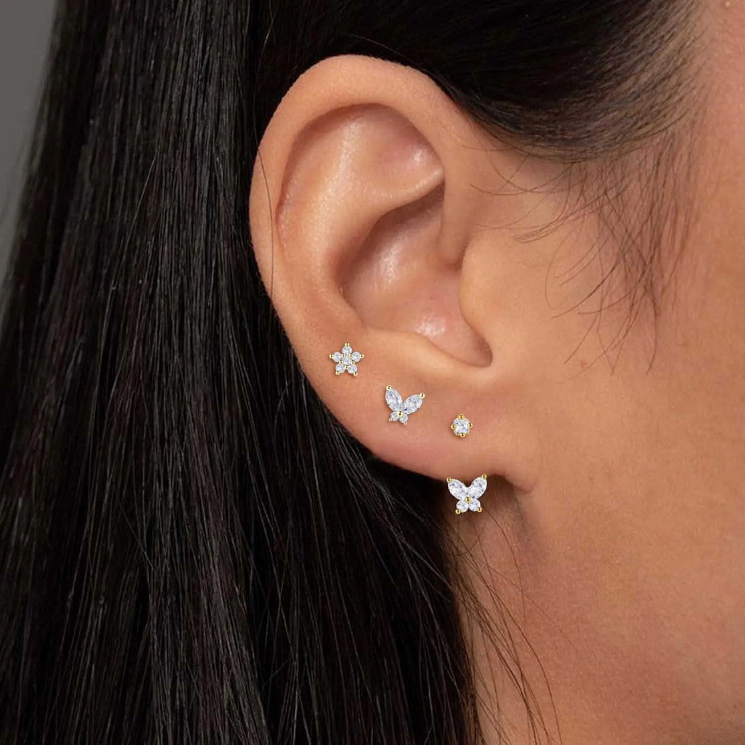 EPIRORA Gold Earrings for Women, 3 Pairs 14K Gold Plated Cubic Zirconia Stud Earrings Set, Trendy Cute Small Cartilage Earrings for Multiple Piercing