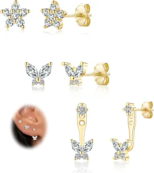 EPIRORA Gold Earrings for Women, 3 Pairs 14K Gold Plated Cubic Zirconia Stud Earrings Set, Trendy Cute Small Cartilage Earrings for Multiple Piercing