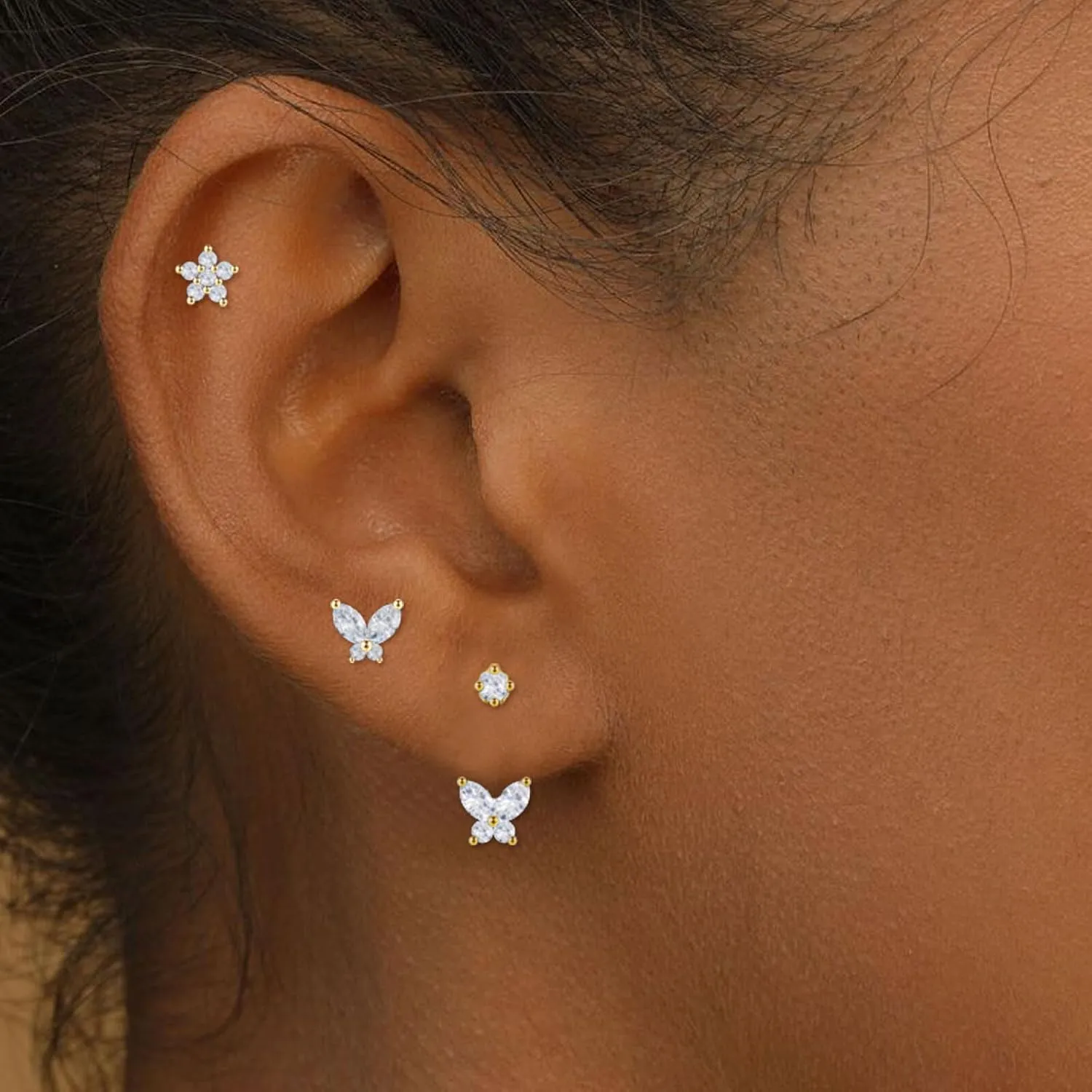 EPIRORA Gold Earrings for Women, 3 Pairs 14K Gold Plated Cubic Zirconia Stud Earrings Set, Trendy Cute Small Cartilage Earrings for Multiple Piercing