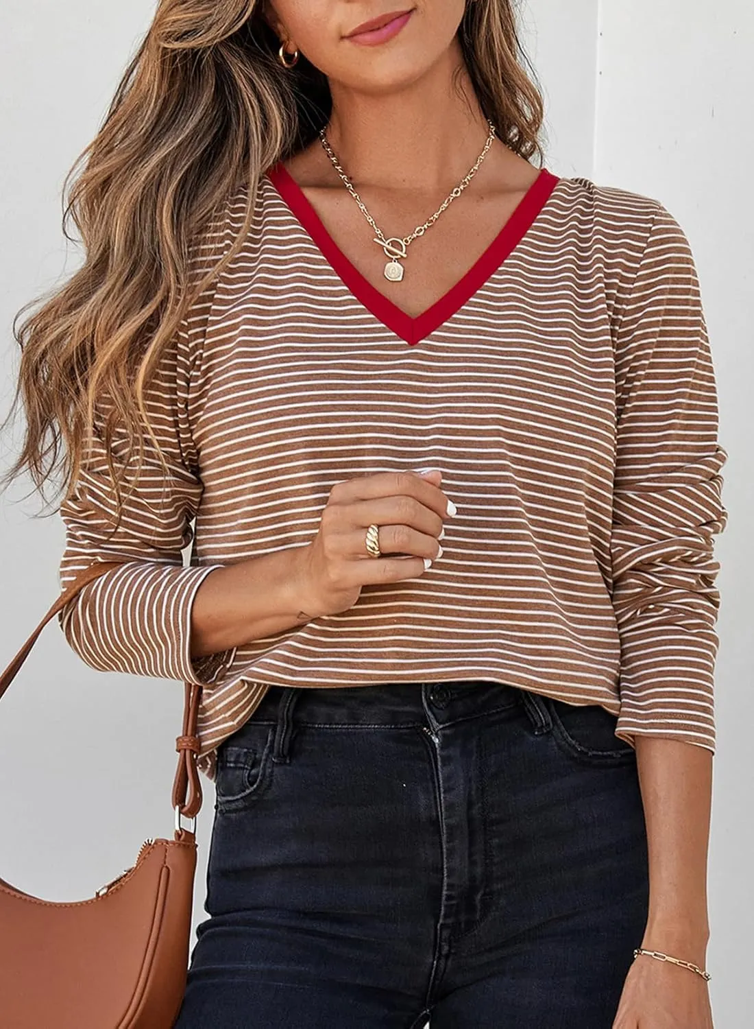 EVALESS Spring Summer Tops for Women Trendy V Neck Long Sleeve Shirts 2025 Basic T Shirts Loose Tee Clothes Casual Outfits