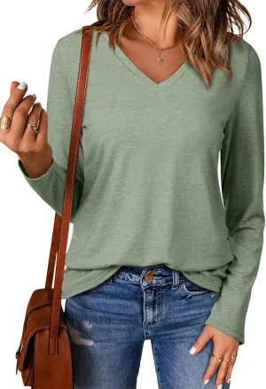 EVALESS Spring Summer Tops for Women Trendy V Neck Long Sleeve Shirts 2025 Basic T Shirts Loose Tee Clothes Casual Outfits