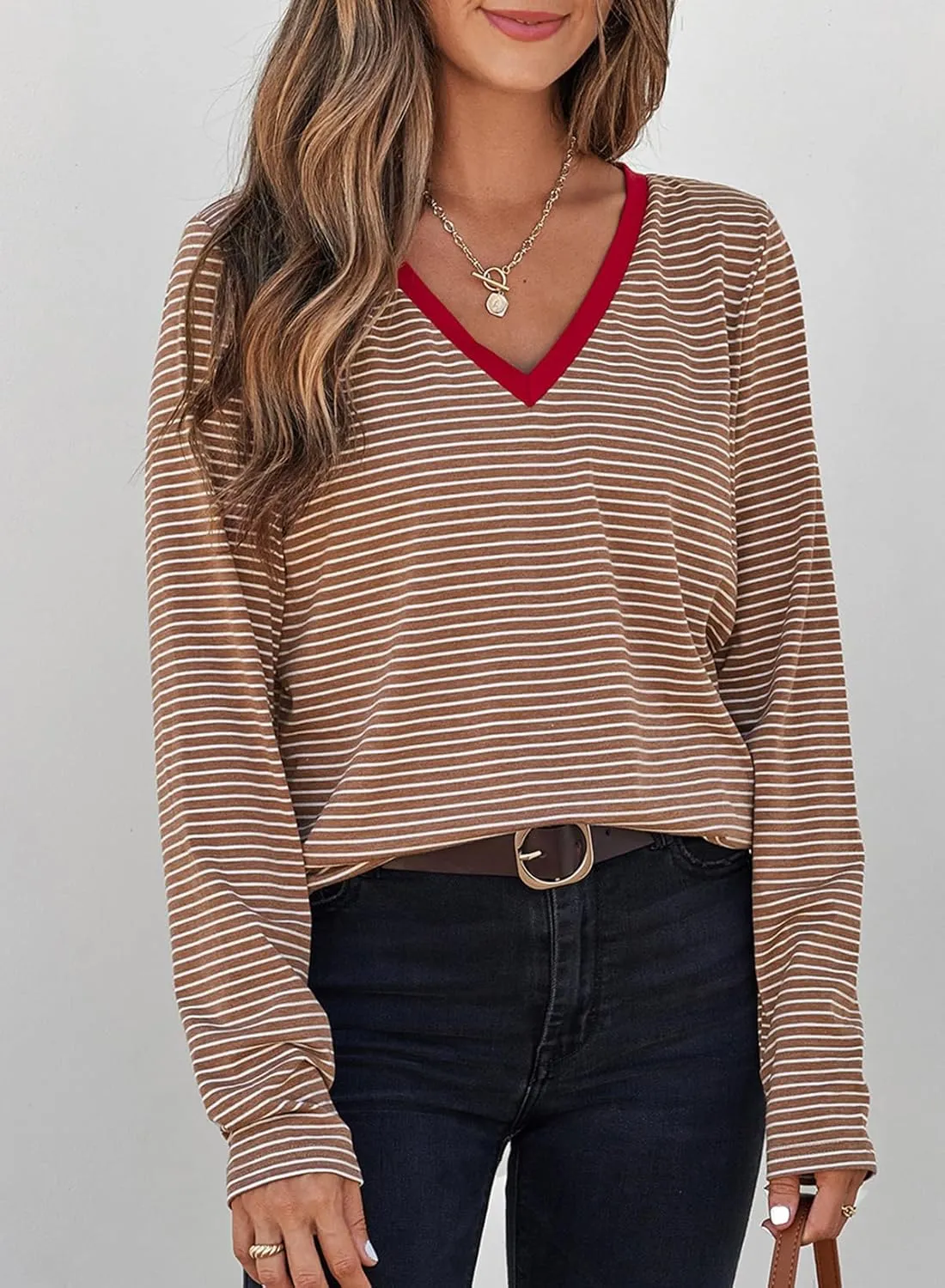 EVALESS Spring Summer Tops for Women Trendy V Neck Long Sleeve Shirts 2025 Basic T Shirts Loose Tee Clothes Casual Outfits