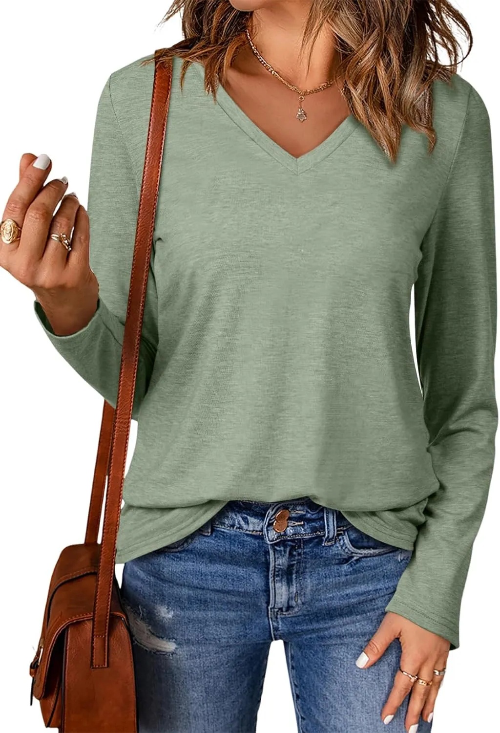 EVALESS Spring Summer Tops for Women Trendy V Neck Long Sleeve Shirts 2025 Basic T Shirts Loose Tee Clothes Casual Outfits