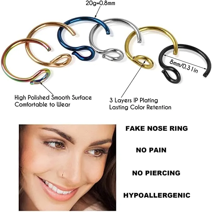 Fake Piercings Face Nose Ring Hoop 20 Gague 8mm,Nose Piercing Hoop Stainless Steel Non Piercing Nose Rings Hoop Jewelry Men Women