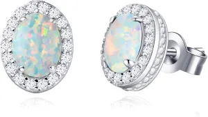 FANCIME Sterling Silver Oval Opal Ruby Necklace & White Opal Stud Earrings - October Birthstone Fine Jewelry for Women