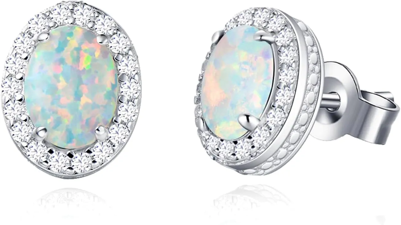 FANCIME Sterling Silver Oval Opal Ruby Necklace & White Opal Stud Earrings - October Birthstone Fine Jewelry for Women