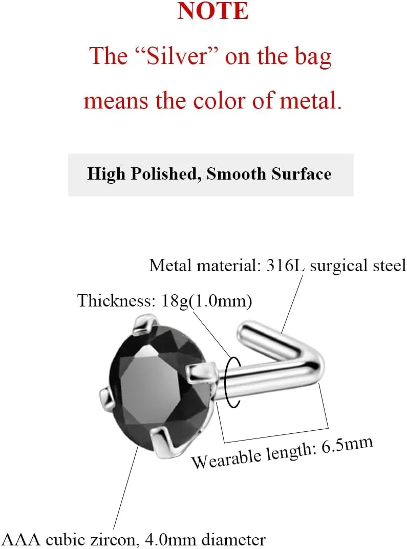 FANSING 3 Pieces CZ Nose Studs L Shape Nose Rings Studs for Women Surgical Steel Nostril Piercing Jewelry