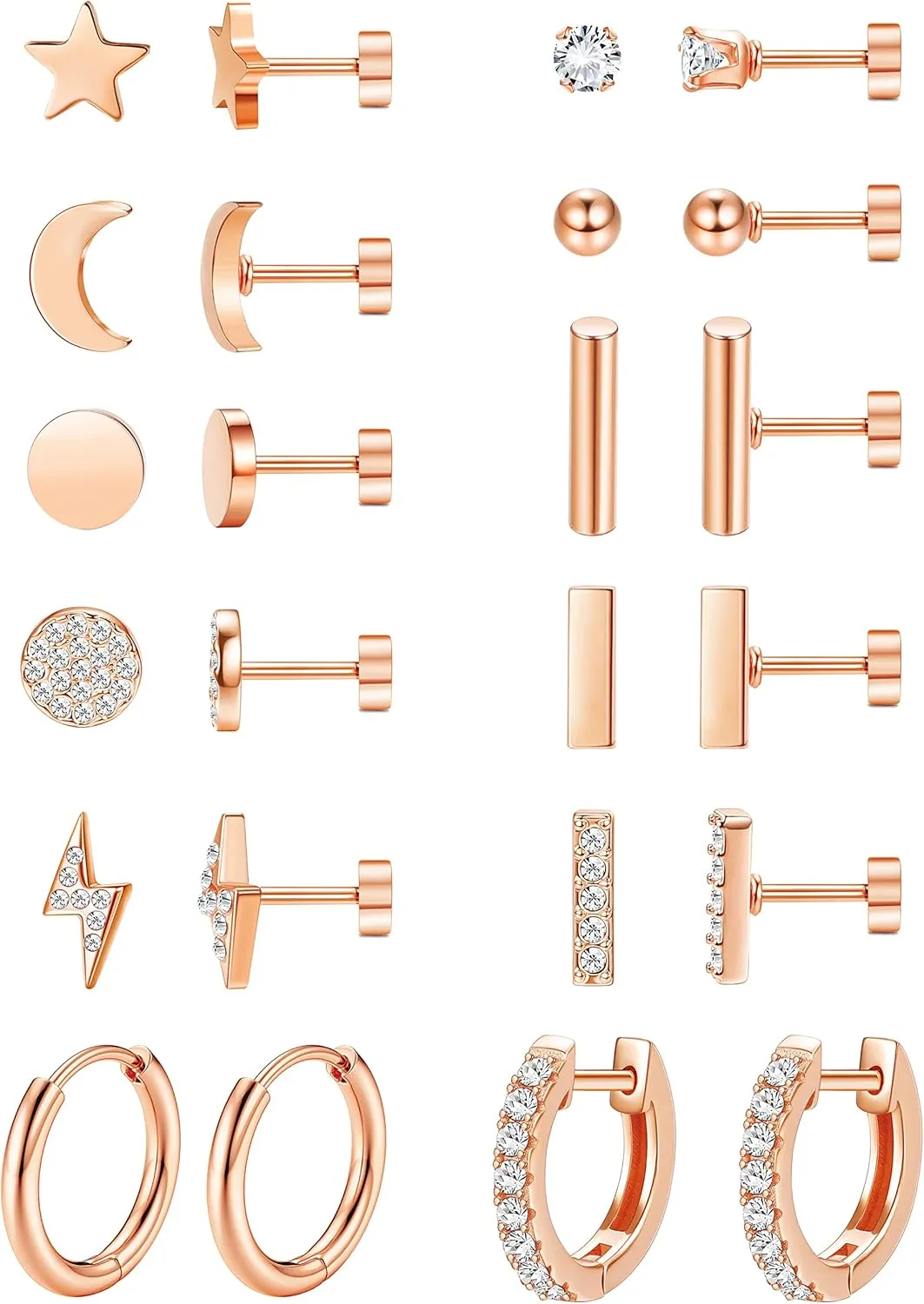 FASACCO 12Pairs Flat Back Earrings for Women Men Hypoallergenic 14K Gold Plated Stainless Steel Flatback Stud Small Huggie Hoop Earrings 20G Tiny Gold Stud Earring Sets for Multiple PIercing