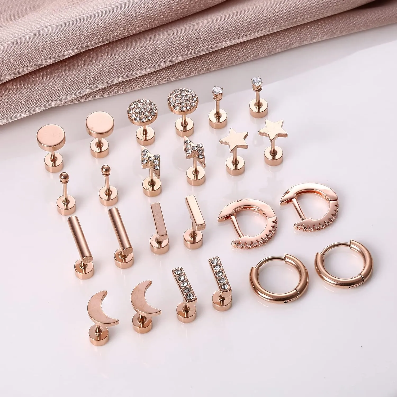 FASACCO 12Pairs Flat Back Earrings for Women Men Hypoallergenic 14K Gold Plated Stainless Steel Flatback Stud Small Huggie Hoop Earrings 20G Tiny Gold Stud Earring Sets for Multiple PIercing