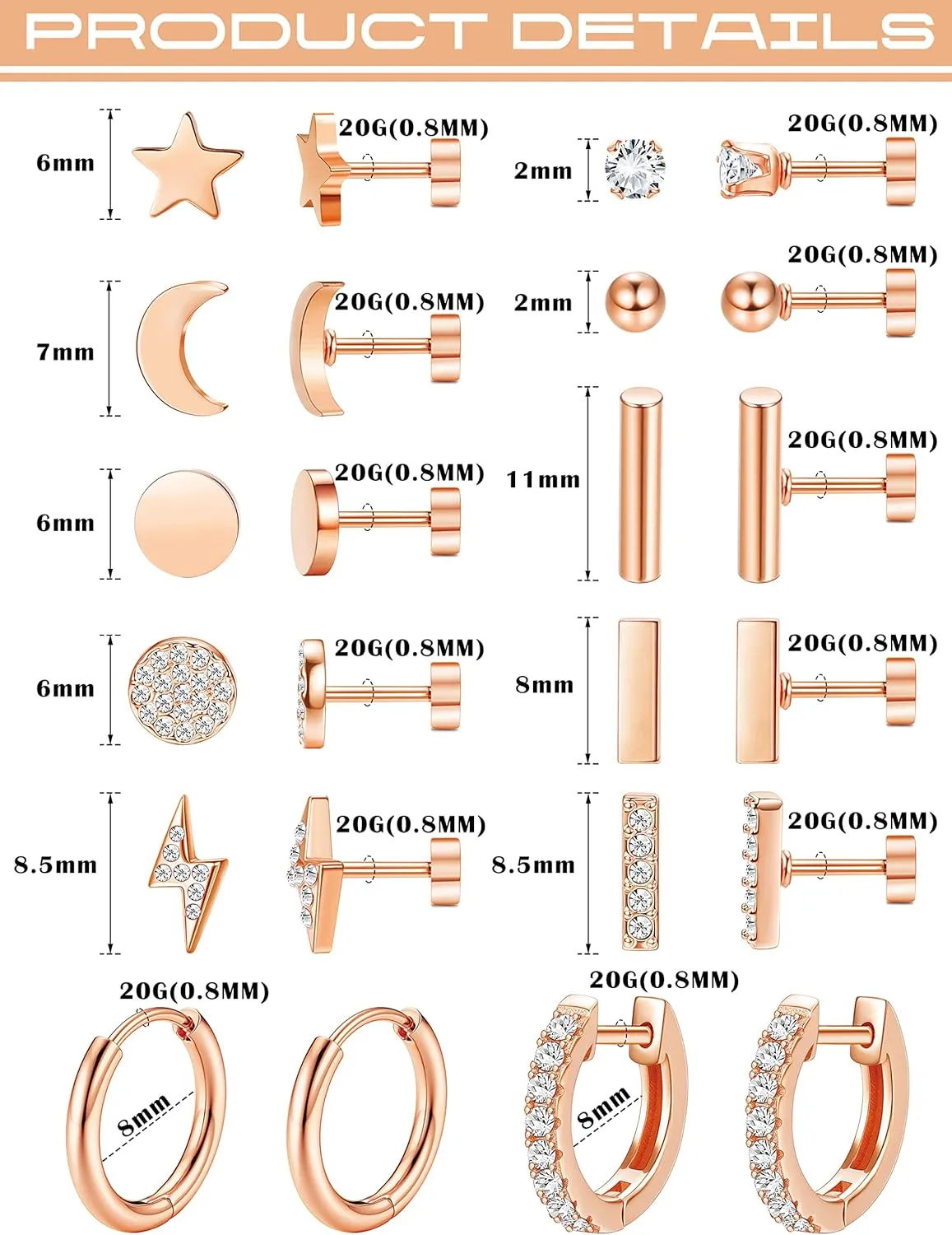 FASACCO 12Pairs Flat Back Earrings for Women Men Hypoallergenic 14K Gold Plated Stainless Steel Flatback Stud Small Huggie Hoop Earrings 20G Tiny Gold Stud Earring Sets for Multiple PIercing