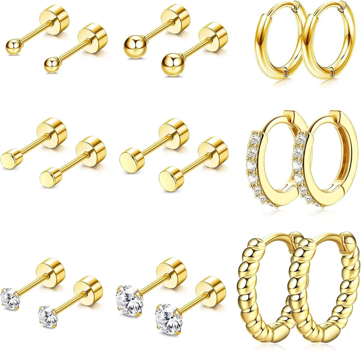 FASACCO Flat Back Stud Earrings Set Cartilage Earrings Gold Plated Surgical Steel Earrings Stud Screw on Flatback Earrings Dainty Nap Earrings