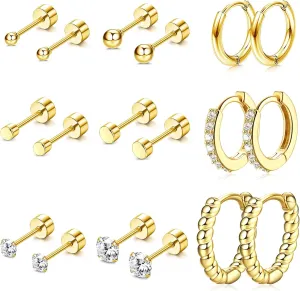 FASACCO Flat Back Stud Earrings Set Cartilage Earrings Gold Plated Surgical Steel Earrings Stud Screw on Flatback Earrings Dainty Nap Earrings