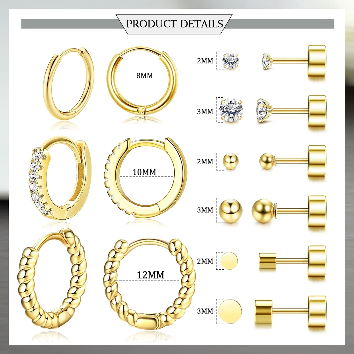 FASACCO Flat Back Stud Earrings Set Cartilage Earrings Gold Plated Surgical Steel Earrings Stud Screw on Flatback Earrings Dainty Nap Earrings