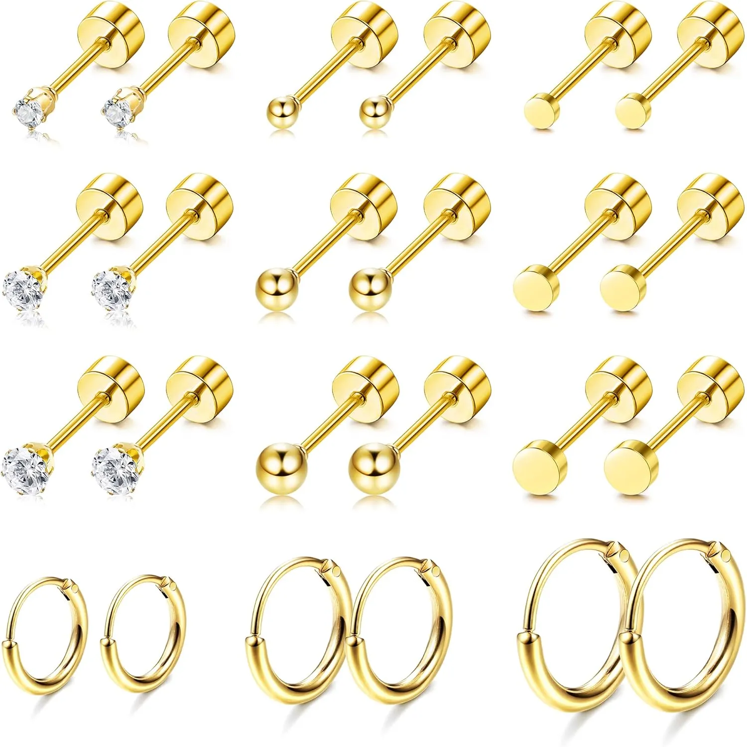 FASACCO Small Tiny Stud Flat Back Earring Hypoallergenic Gold Studs 14K Surgical Steel Earring Sets for Multiple Piercing Cartilage Hoop Earrings