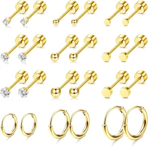 FASACCO Small Tiny Stud Flat Back Earring Hypoallergenic Gold Studs 14K Surgical Steel Earring Sets for Multiple Piercing Cartilage Hoop Earrings