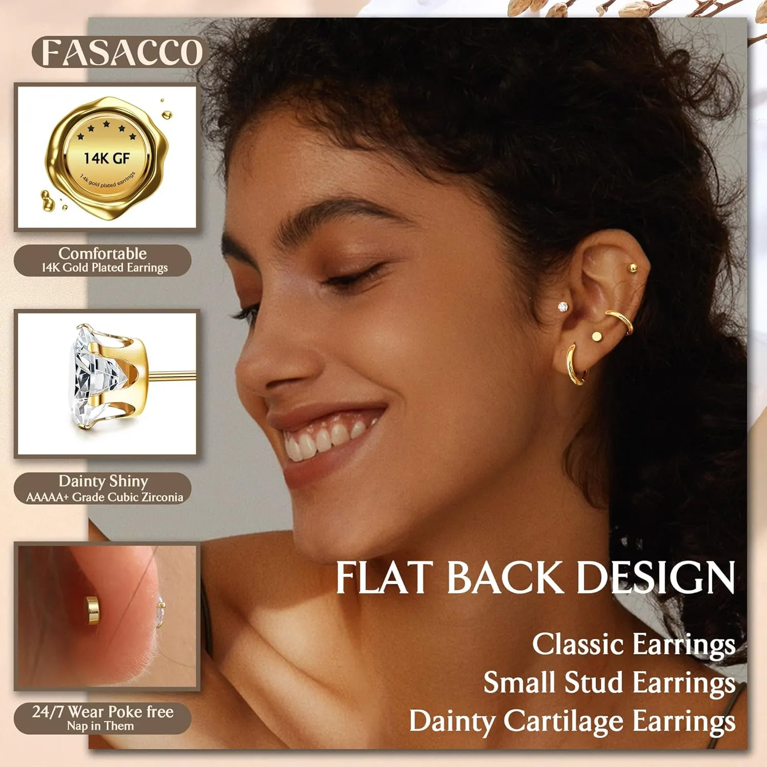 FASACCO Small Tiny Stud Flat Back Earring Hypoallergenic Gold Studs 14K Surgical Steel Earring Sets for Multiple Piercing Cartilage Hoop Earrings