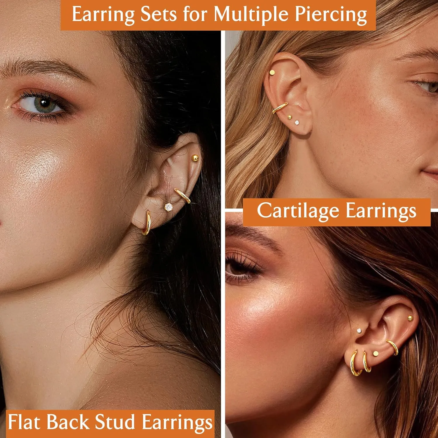 FASACCO Small Tiny Stud Flat Back Earring Hypoallergenic Gold Studs 14K Surgical Steel Earring Sets for Multiple Piercing Cartilage Hoop Earrings