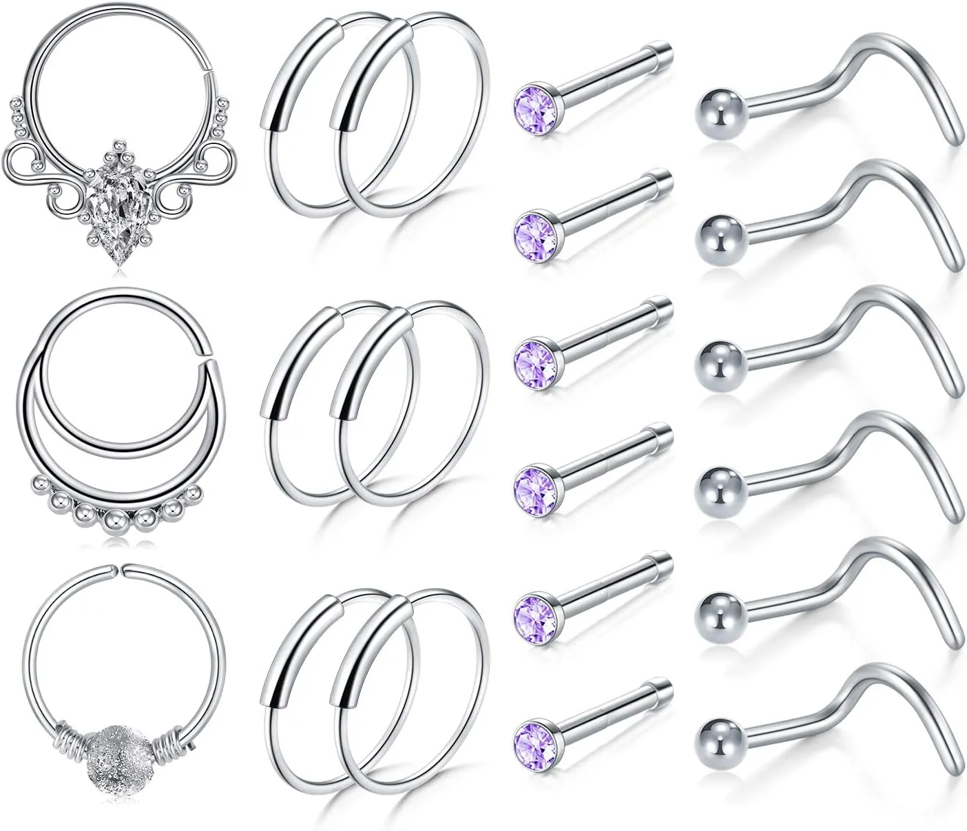 FECTAS 18g Nose Rings Hoop Surgical Steel Nose Studs Screw Nostril Piercing Piercing Hoops Jewelry Set for Women Men 8mm