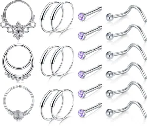 FECTAS 18g Nose Rings Hoop Surgical Steel Nose Studs Screw Nostril Piercing Piercing Hoops Jewelry Set for Women Men 8mm