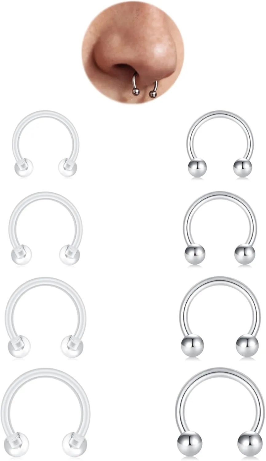 FECTAS 8Pcs 16G Septum Rings with Clear Septum Jewelry for Work/Surgery/Sports Cartilage Earrings Lip Rings 6mm 8mm 10mm 12mm