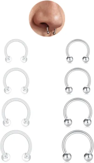 FECTAS 8Pcs 16G Septum Rings with Clear Septum Jewelry for Work/Surgery/Sports Cartilage Earrings Lip Rings 6mm 8mm 10mm 12mm