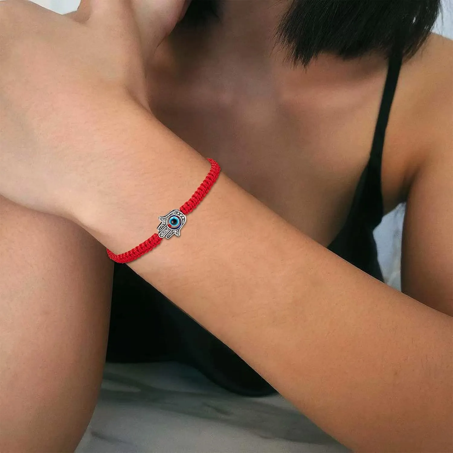 Fesciory Evil Eye Bracelets for Women, 2Pcs Adjustable Red String, 7 Knots Braided Lucky Thread, Hamsa Hand Amulet Bracelets for Men Women Jewelry Gifts