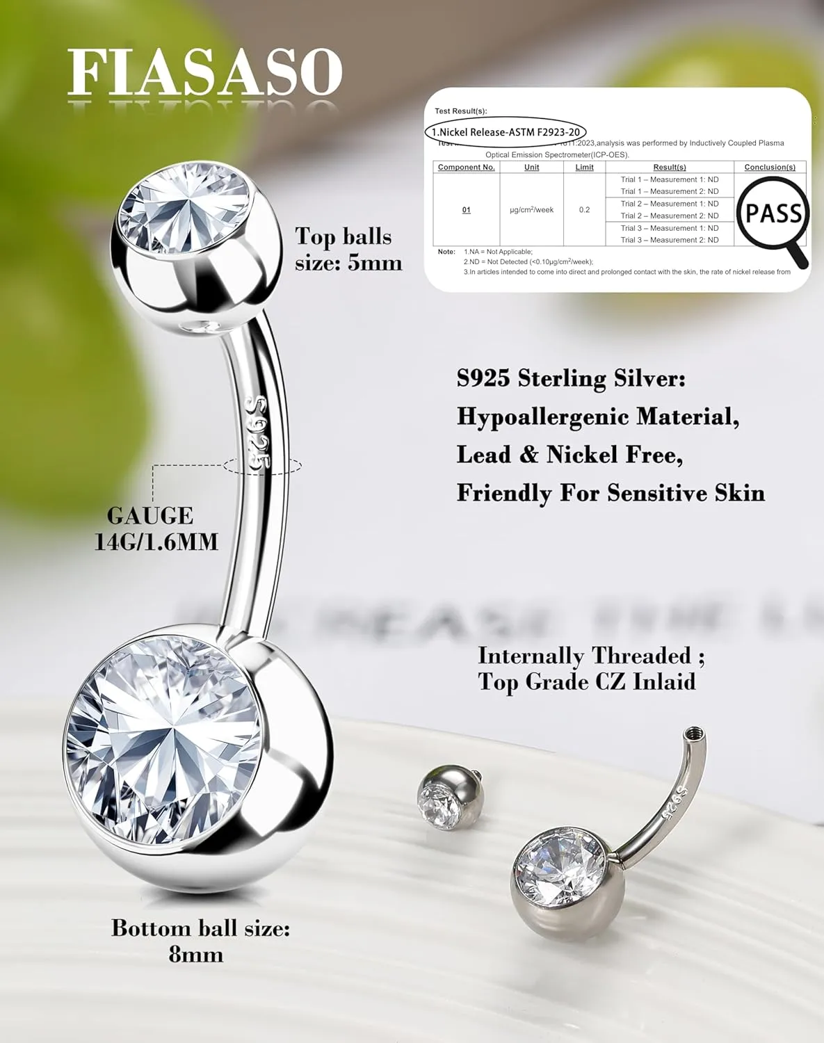 FIASASO Belly Button Ring Surgical Steel Titanium Sterling Silver 14K Gold Belly Button Rings Cubic Zirconia Internally Threaded Belly Rings 14G Belly Piercing Jewelry Hypoallergenic Navel Piercing Jewelry for Women