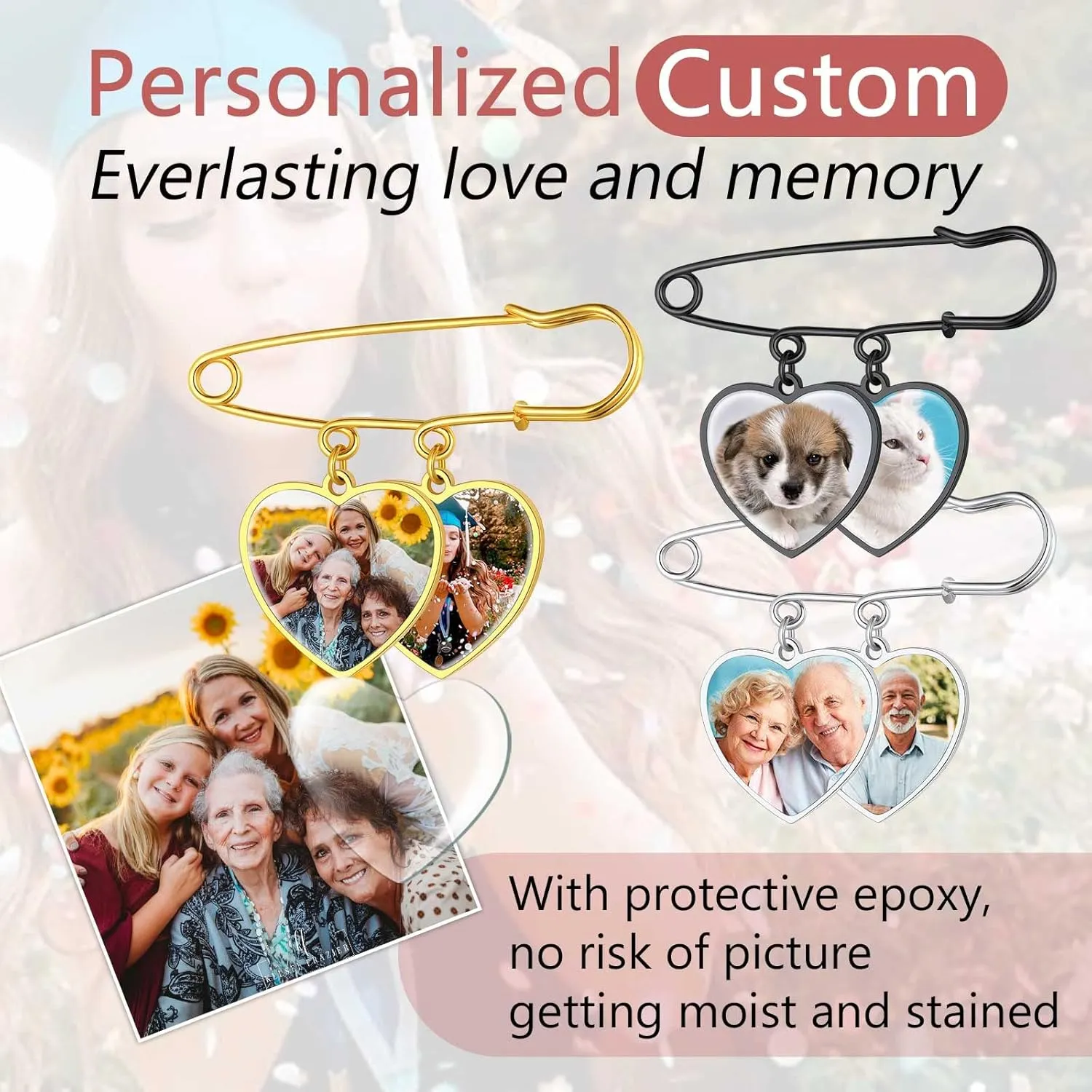 FindChic Personalized 1/2/3/4 Wedding Boutonniere Photo Charms Bouquet Pins Stainless Steel/18K Gold Plated Memorial Customized Heart/Round/Oval Picture Frames Brooch Decoration Accessories   Gift Box