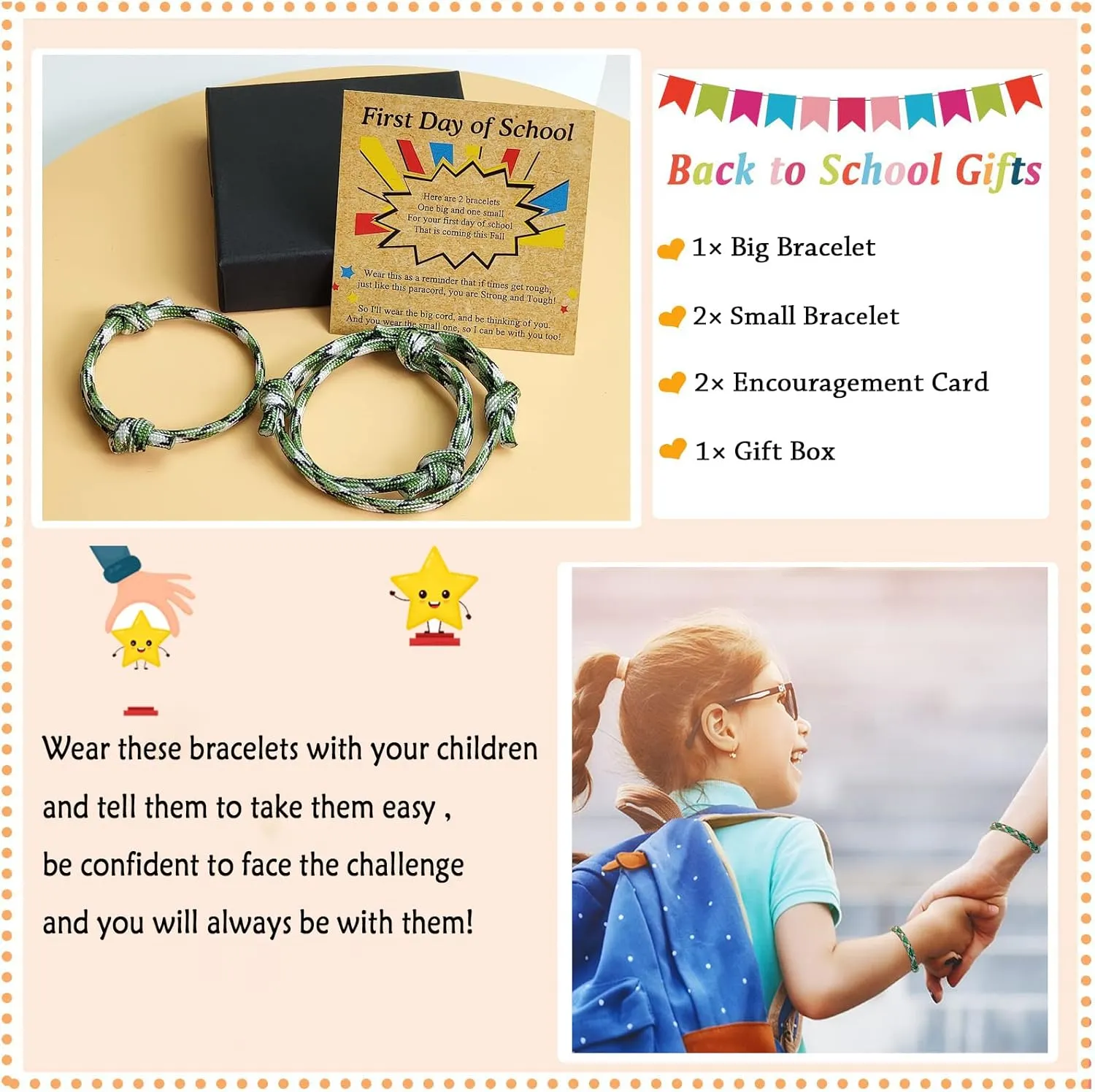 First Day Of School Bracelet, Matching Mommy And Me Mother Son Daughter Paracord Back To School Bracelets Wish Gift for Mom Boys Dad Girls Jewelry