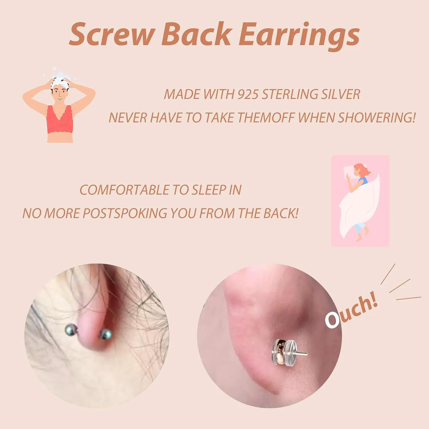 Flat Back Earrings for Women Flatback Bow Star Flower Stud Earrings Hypoallergenic Screw Back Earrings Tiny Small Tragus Cartilage Helix Piercing Jewelry for Sensitive Ears