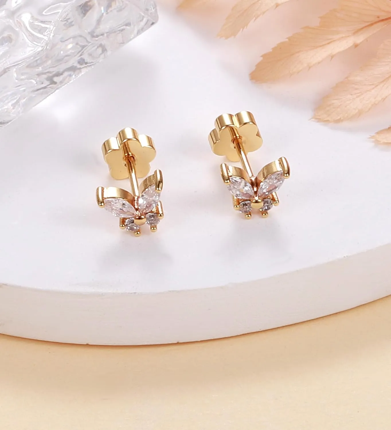 Flat Back Stud Earrings for Girls Women 14K Gold Plated Cartilage Stud Earrings 20G Hypoallergenic Surgical Steel Gold Butterfly Screw Back Nap Earrings Studs
