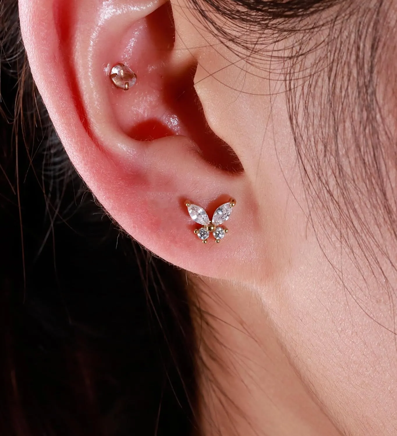 Flat Back Stud Earrings for Girls Women 14K Gold Plated Cartilage Stud Earrings 20G Hypoallergenic Surgical Steel Gold Butterfly Screw Back Nap Earrings Studs