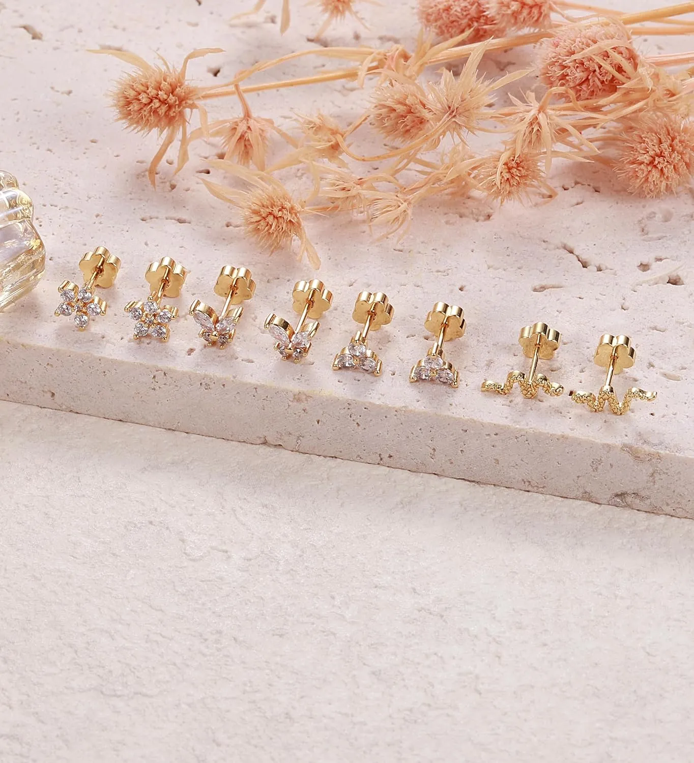 Flat Back Stud Earrings for Girls Women 14K Gold Plated Cartilage Stud Earrings 20G Hypoallergenic Surgical Steel Gold Butterfly Screw Back Nap Earrings Studs