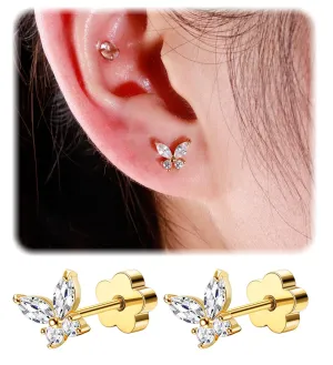 Flat Back Stud Earrings for Girls Women 14K Gold Plated Cartilage Stud Earrings 20G Hypoallergenic Surgical Steel Gold Butterfly Screw Back Nap Earrings Studs