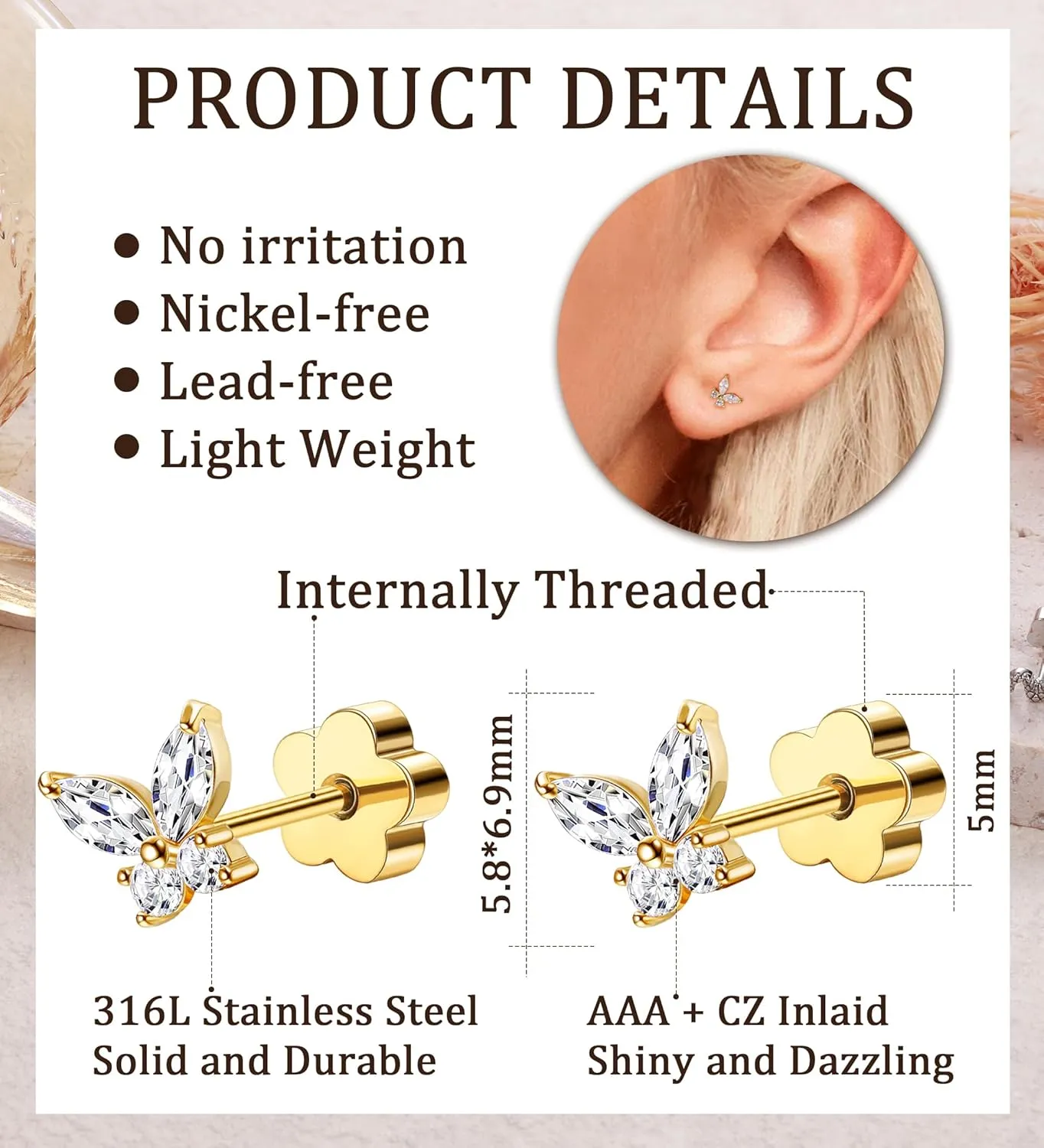 Flat Back Stud Earrings for Girls Women 14K Gold Plated Cartilage Stud Earrings 20G Hypoallergenic Surgical Steel Gold Butterfly Screw Back Nap Earrings Studs
