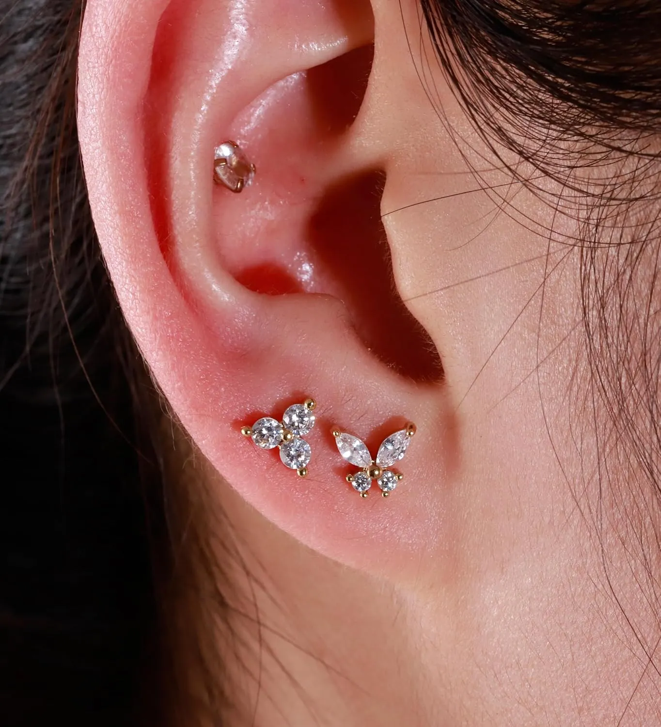 Flat Back Stud Earrings for Girls Women 14K Gold Plated Cartilage Stud Earrings 20G Hypoallergenic Surgical Steel Gold Butterfly Screw Back Nap Earrings Studs